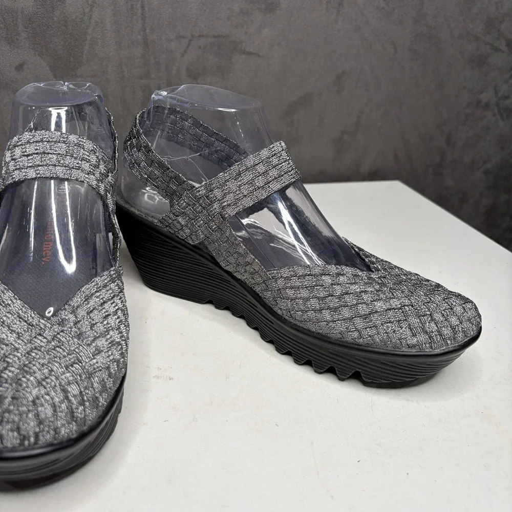 Bernie Mev Lulia Wedge Sandals Womens 41 Silver Woven Elastic Mary Jane Platform